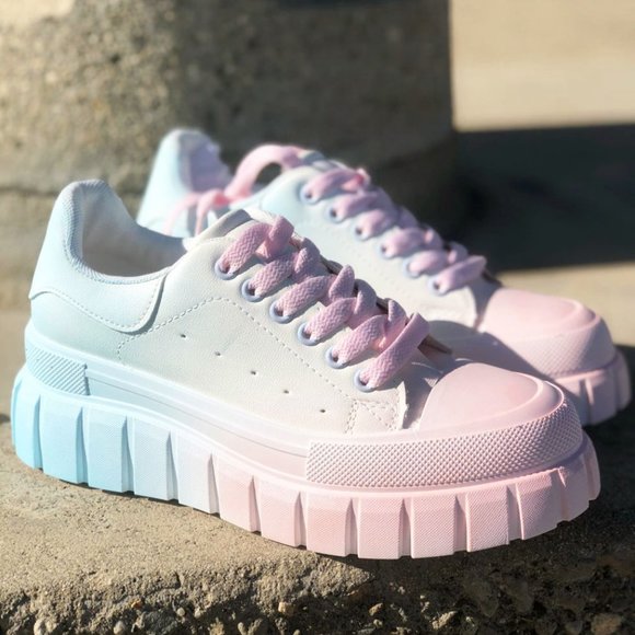 Qupid Shoes - NEW Pastel Pink Blue Ombre Kawaii Cute Platform Low Top Laced Up Sneakers Shoes